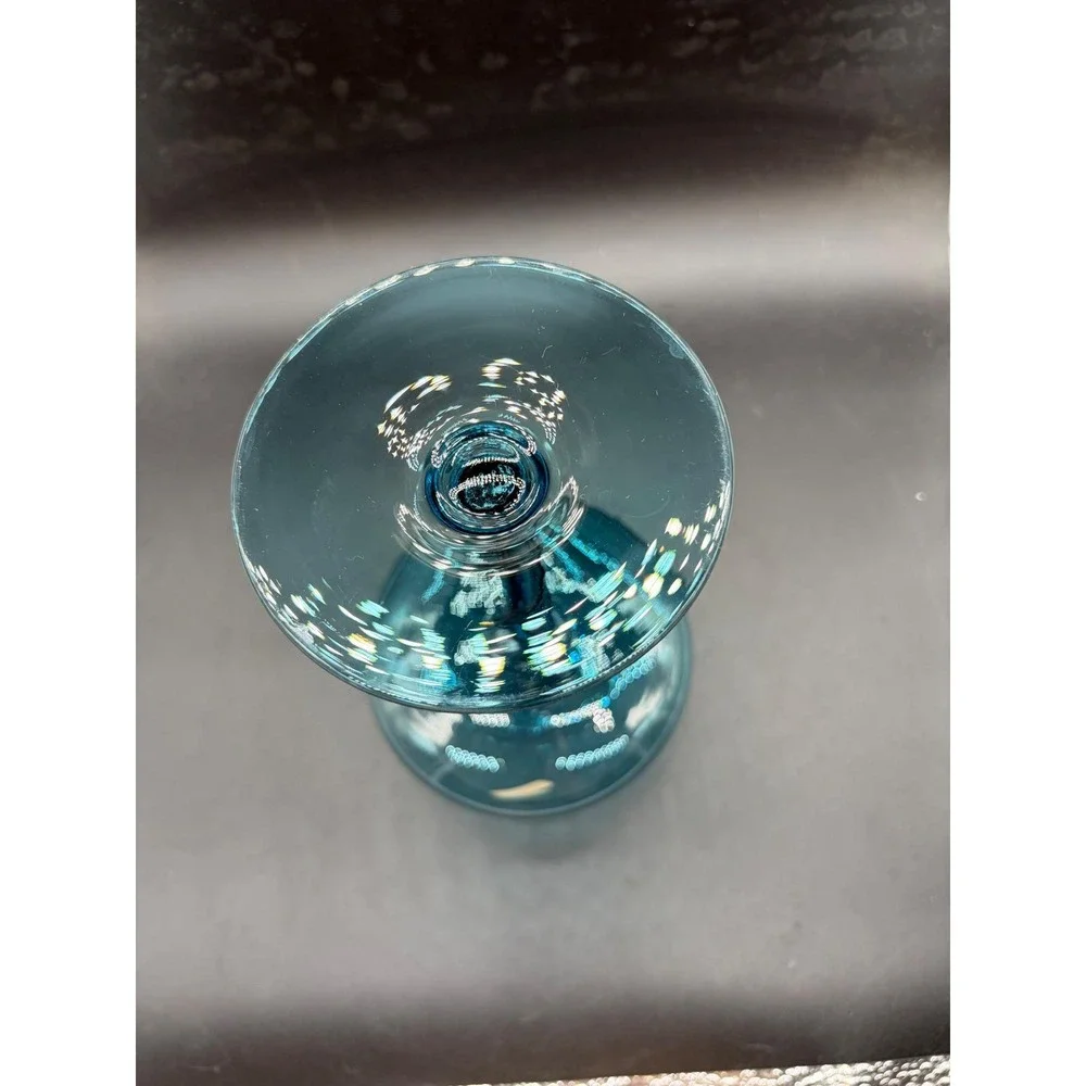 Vintage Teal Blue Twisted Stem Glass Coupe Champagne Cocktail Mid Century Modern